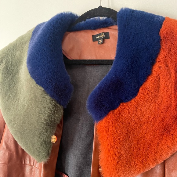 On Twelfth Fur Collar Brown Pleather Belted Long Jacket with Gold Accents - Picture 3 of 11